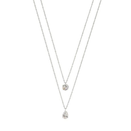 Colier dublu placat cu rodiu si 2 zirconia incolore Happy Hearts, 01J03-00028, Oxette Romania