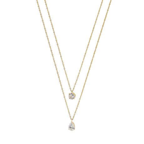 Colier dublu placat cu aur de 18k si 2 zirconia incolore Happy Hearts, 01J27-00053, Oxette Romania