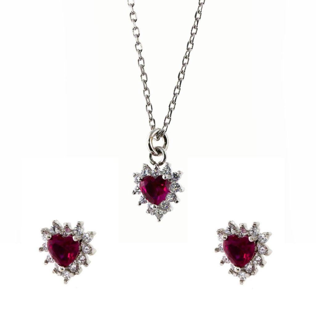 Set colier si cercei din argint placat cu rodiu si pietre cubic zirconia rosii Belle de Jour, 01L01-034594412, Oxette Romania