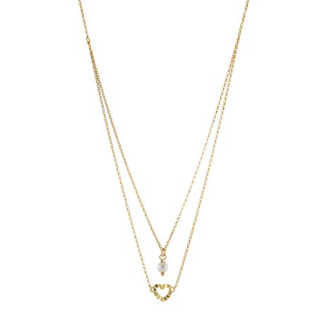 Colier dublu placat cu aur de 18k cu pandantiv inima si perla Lovely, 01L05-01717, Oxette Romania