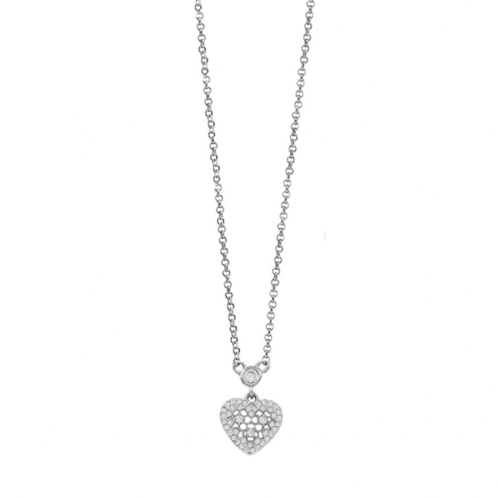 Colier scurt placat cu rodiu si decorat cu inima presarata cu pietre cubic zirconia incolore Gifting, 01L15-01119, Oxette Romania