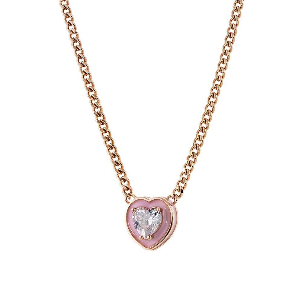 Colier placat cu aur roz de 18 K cu pandantiv inima decorat cu email roz Beauty, 01L15-01315, Oxette Romania