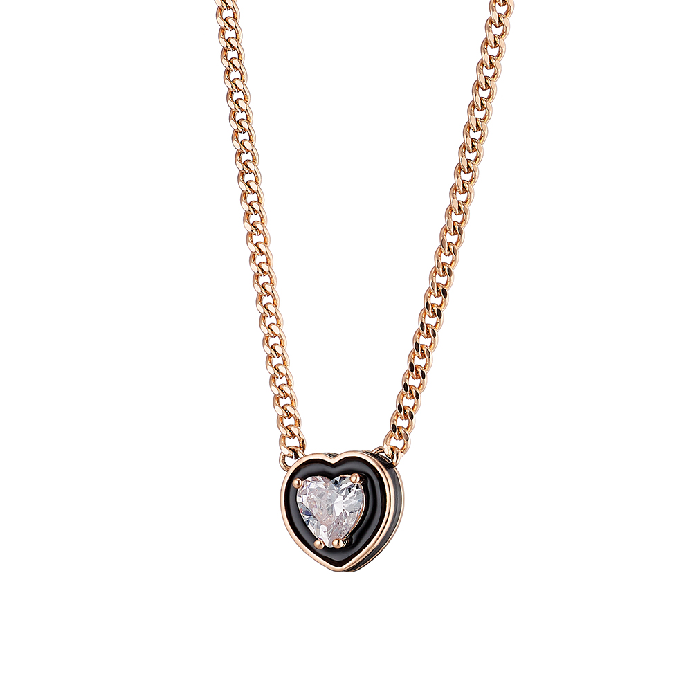 Colier placat cu aur roz de 18 K cu pandantiv inima decorat cu email negru Beauty, 01L15-01318, Oxette Romania
