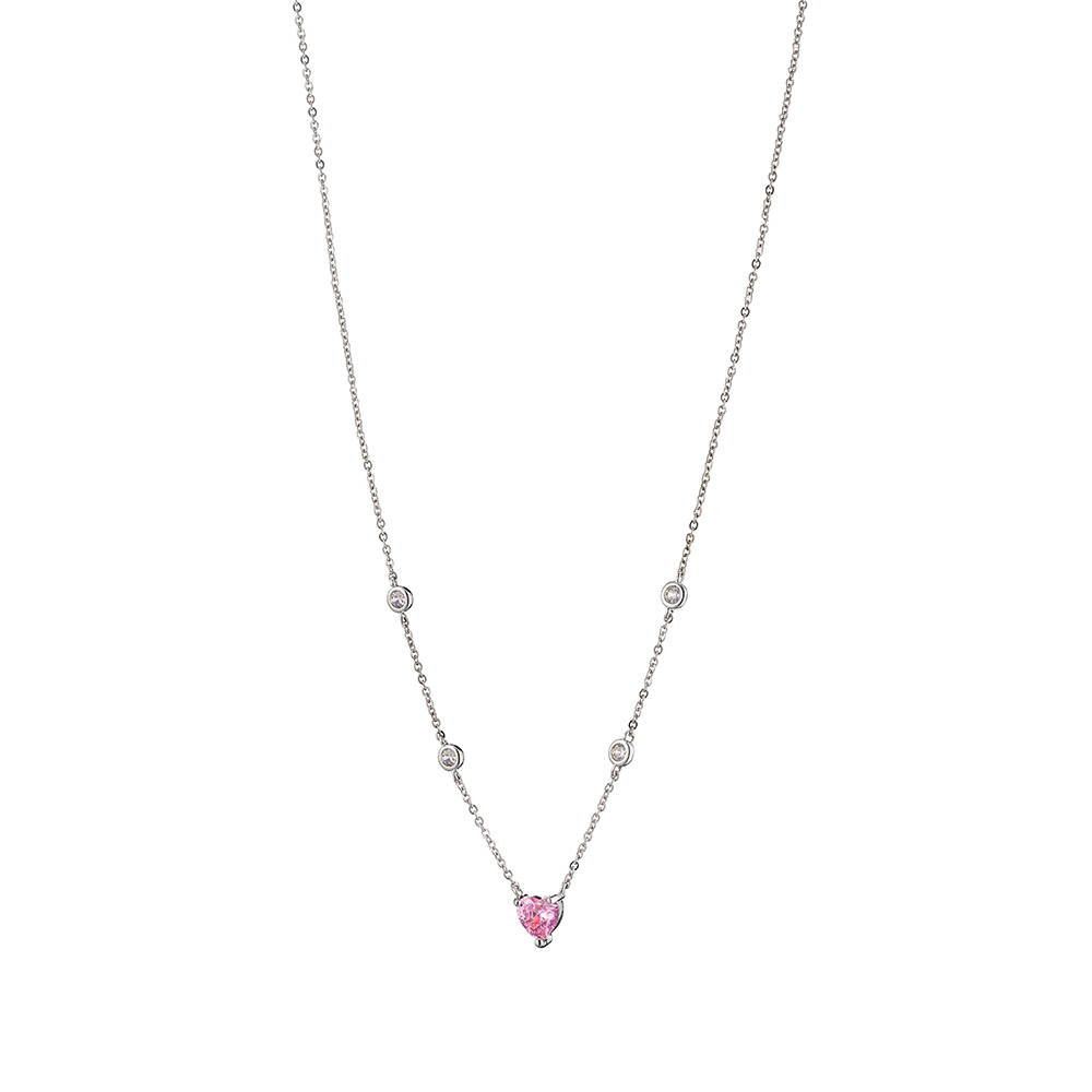 Colier placat cu rodiu decorat cu inima roz si cubic zirconia incolore Happy Hearts, 01L15-01323, Oxette Romania