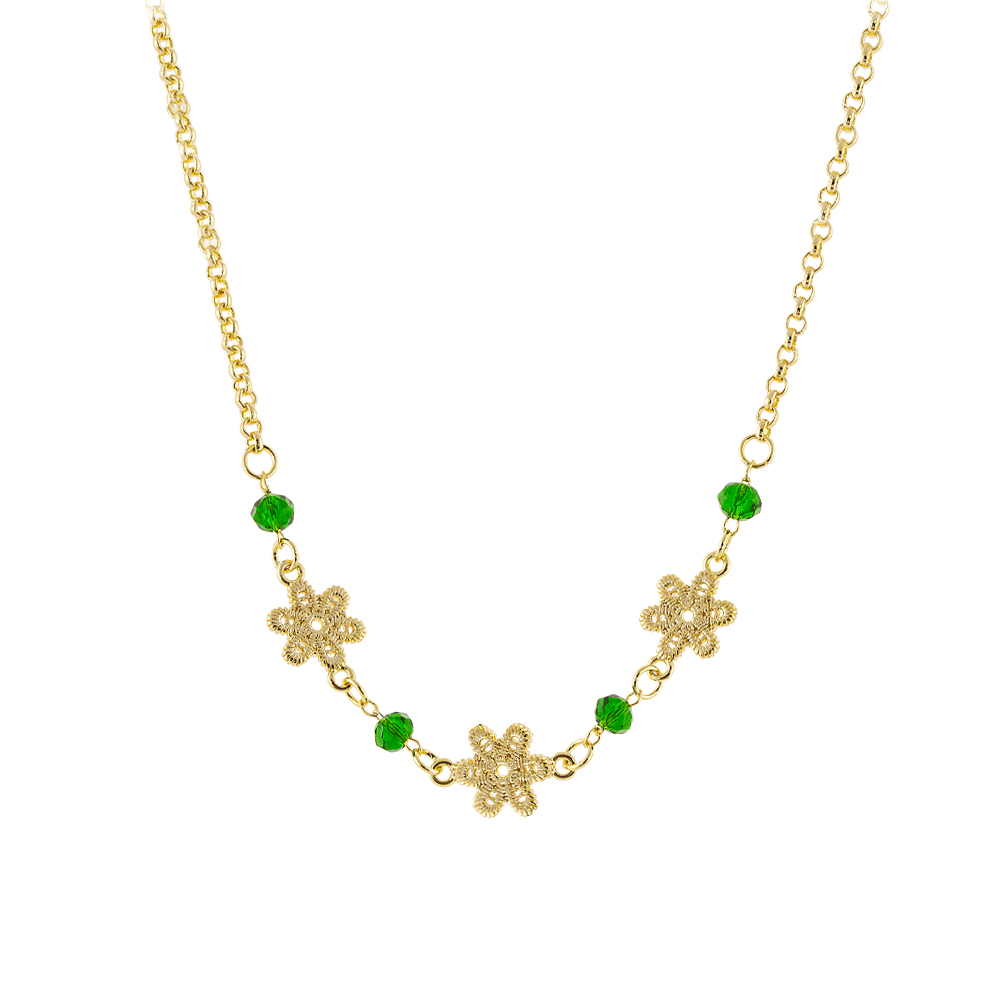Colier scurt placat cu aur galben de 18 K decorat cu flori si cubic zirconia verzi Crochet, 01L15-01542-1, Oxette Romania