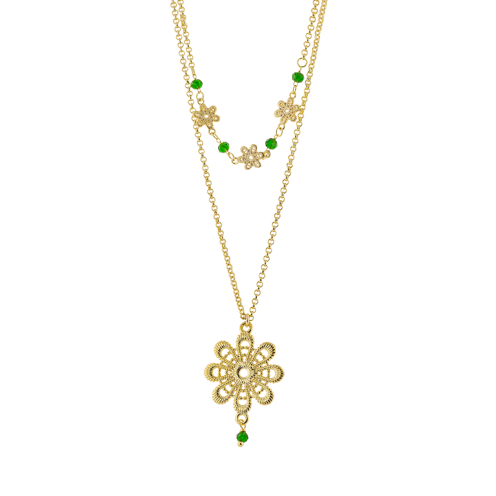 Colier dublu placat cu aur galben de 18 K decorat cu flori si cubic zirconia verzi Crochet, 01L15-01543, Oxette Romania