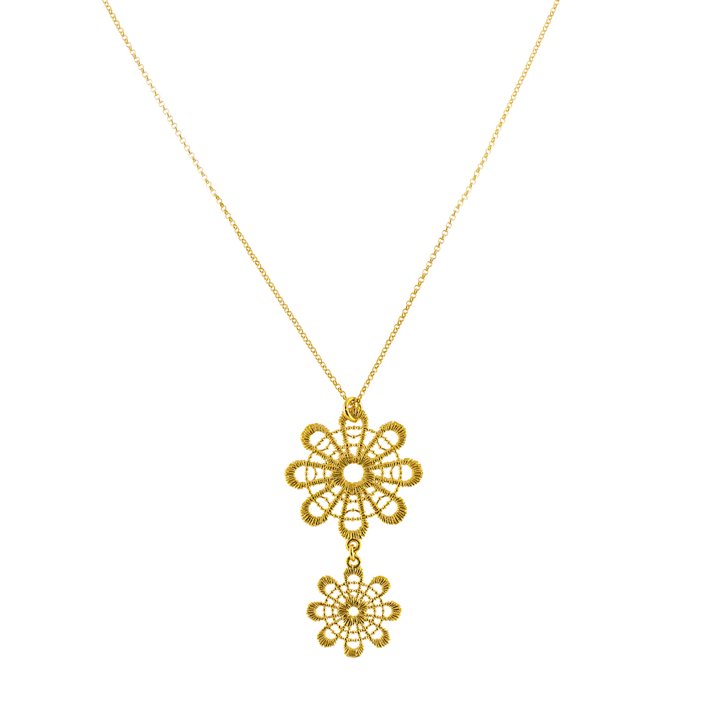 Colier lung placat cu aur galben de 18 K si decorat cu doua flori Crochet, 01L15-01557-1, Oxette Romania