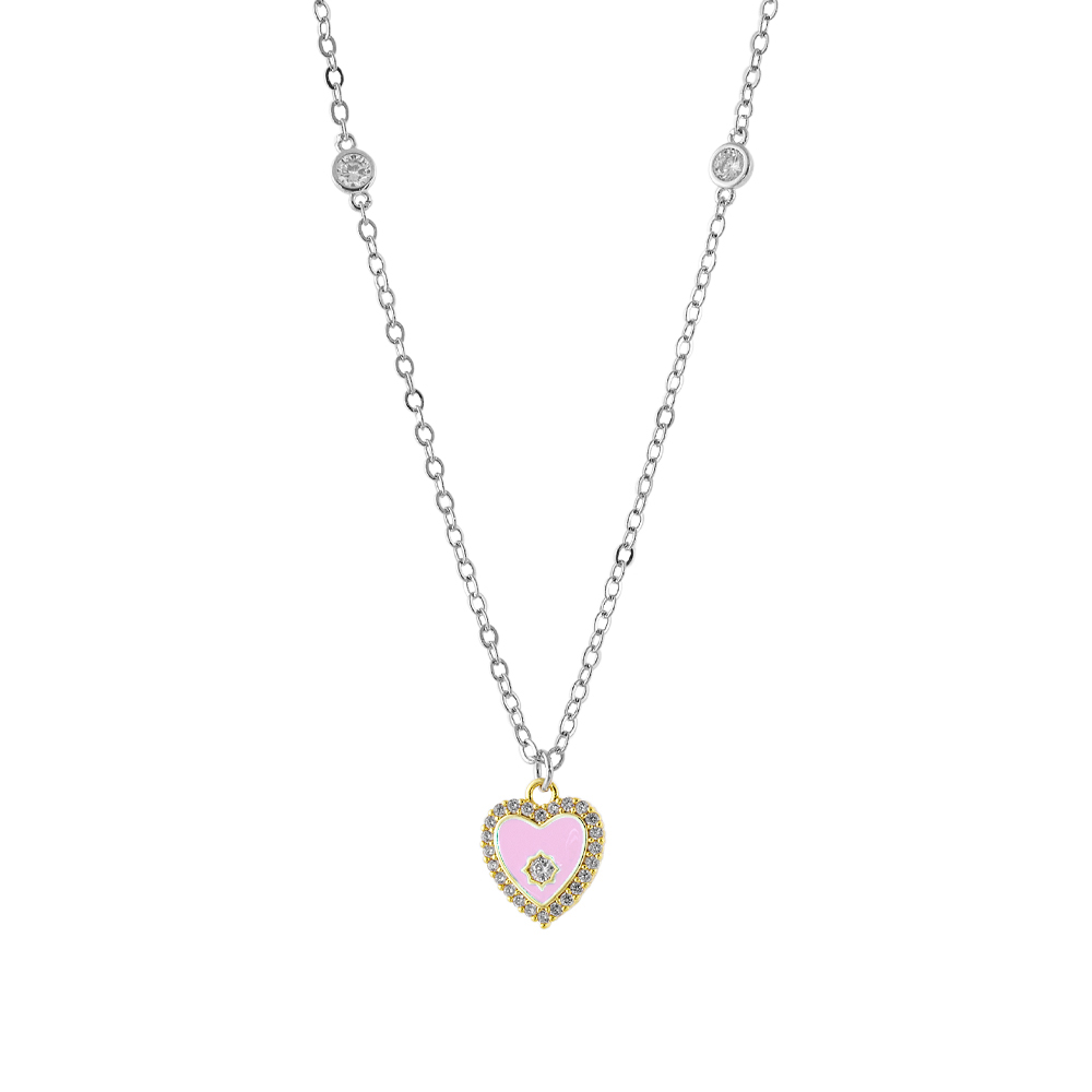 Colier bicolor placat cu aur galben de 18 K si rodiu decorat cu inima roz Doll, 01L15-01570, Oxette Romania