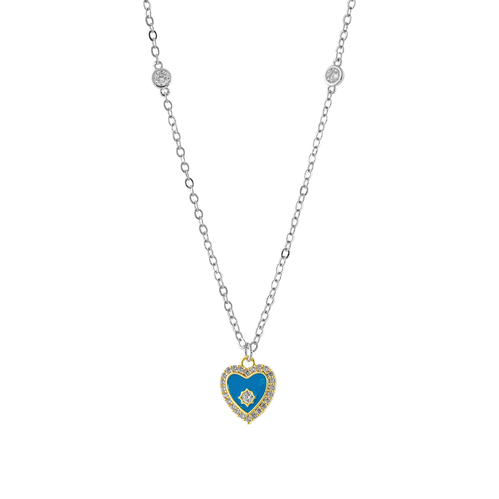 Colier bicolor placat cu aur galben de 18 K si rodiu decorat cu inima albastra Doll, 01L15-01571, Oxette Romania