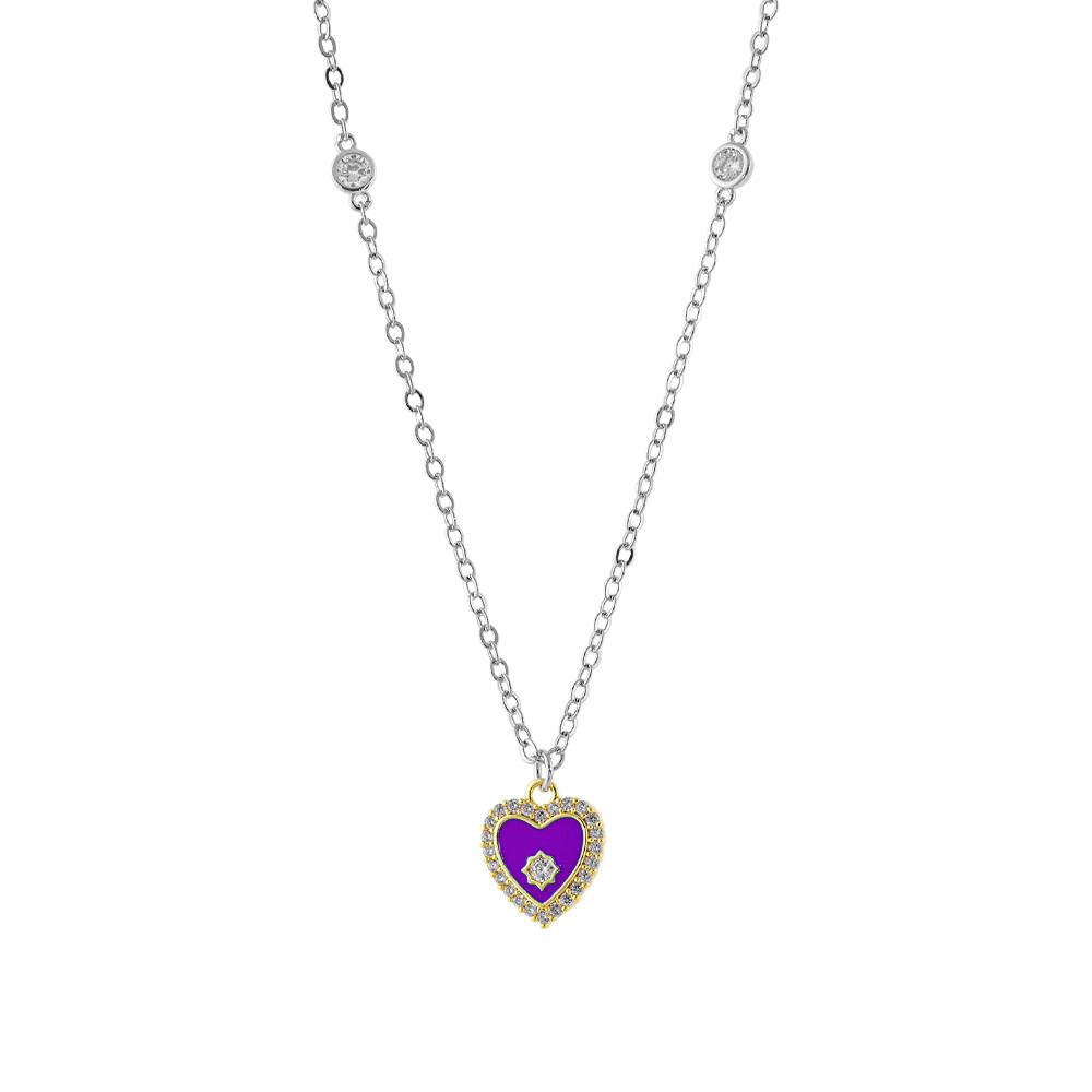 Colier bicolor placat cu aur galben de 18 K si rodiu decorat cu inima mov Doll, 01L15-01596, Oxette Romania