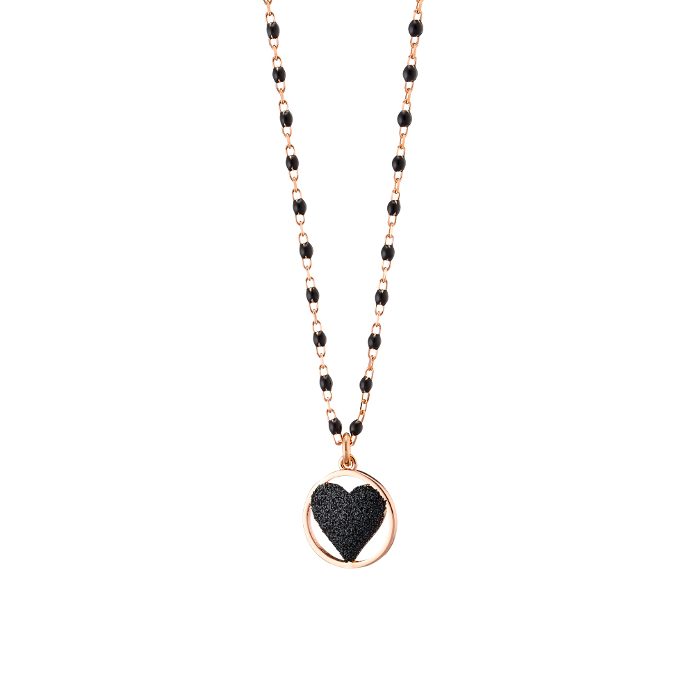 Colier tip rozariu placat cu aur roz de 18 K si decorat cu inima cu glitter negru Princess, 01L15-01670, Oxette Romania