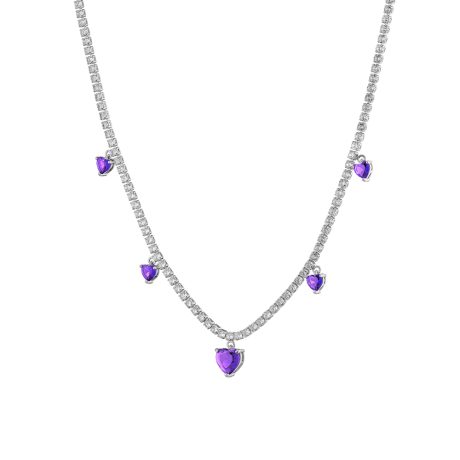 Colier la baza gatului placat cu rodiu pandantive inima si cristale zirconia mov Happy Hearts, 01L15-01685, Oxette Romania