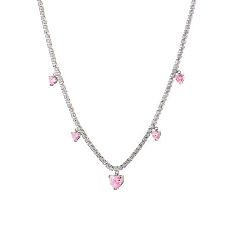 Colier la baza gatului placat cu rodiu pandantive inima si cristale zirconia roz Happy Hearts, 01L15-01686, Oxette Romania