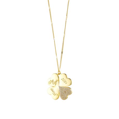 Colier cu pandantiv placat cu aur galben de 18 K lung cu trifoi si cristale zirconia Lucky Charm, 01L15-01735, Oxette Romania