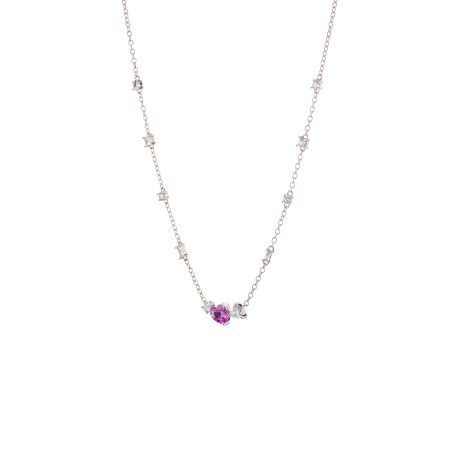 Colier placat cu rodiu cu pandantiv inima roz si pietre cubic zirconia incolore Happy Hearts, 01L15-01947, Oxette Romania