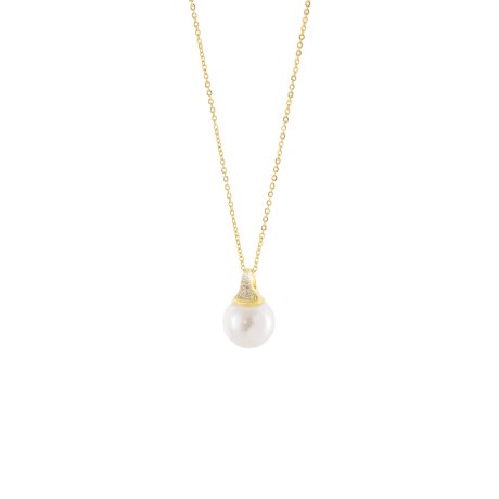 Colier scurt placat cu aur de 18K cu perla si cubic zirconia Desmos, 01L15-02078, Oxette Romania