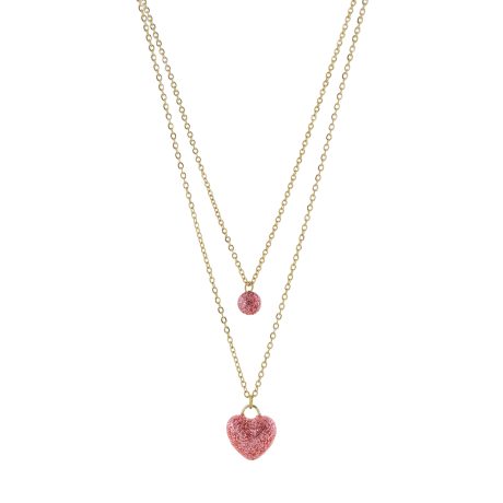 Colier dublu placat cu aur galben de 18k cu pandantiv inima si sfera decorate cu glitter roz Sweety, 01L15-02234, Oxette Romania