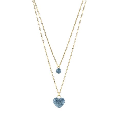 Colier dublu placat cu aur galben de 18k cu pandantiv inima si sfera decorate cu glitter albastru Sweety, 01L15-02235, Oxette Romania