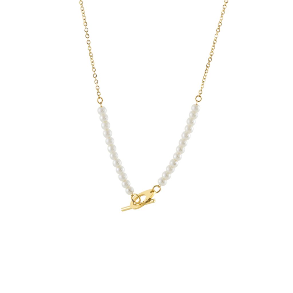 Colier scurt placat cu aur de 18K si perle sintetice Mini, 01L27-00858, Oxette Romania