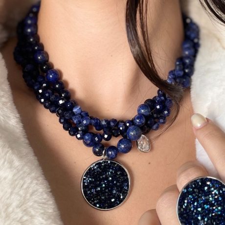 Colier argint triplu cu agate albastre si cristale caviar Noblesse, 01X01-05492-2, Oxette Romania