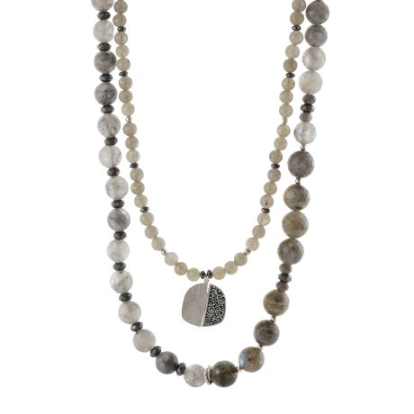 Colier argint dublu cu labradorit si hematit gri decorat cu pandantiv Eclipse, 01X01-05638, Oxette Romania