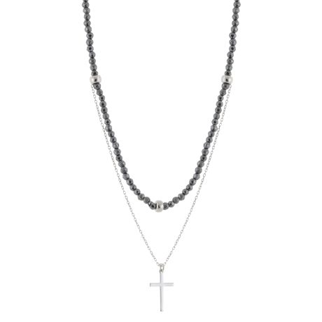 Colier dublu argint cu agate gri si pandantiv cruce Gifting Symbols, 01X01-05653, Oxette Romania