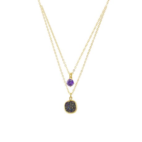 Colier dublu argint placat cu aur de 18K cu cristale caviar si piatra zirconia mov Antoinette, 01X05-03606, Oxette Romania