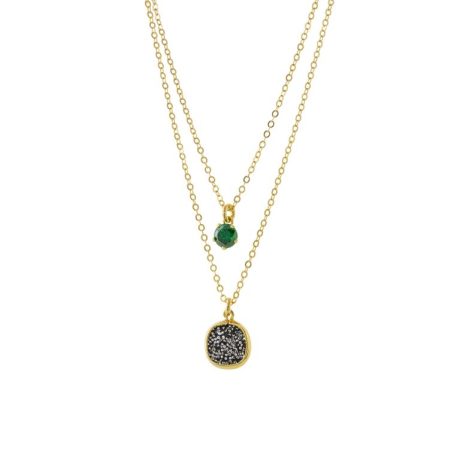 Colier dublu argint placat cu aur de 18K cu cristale caviar si piatra zirconia verde Antoinette, 01X05-03607, Oxette Romania
