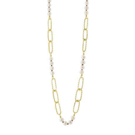 Colier lung argint placat cu aur galben de 18 K decorat cu zale si perle de cultura Antoinette, 01X05-03618, Oxette Romania