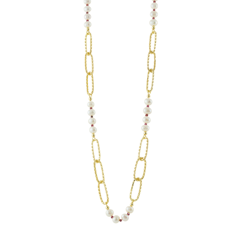 Colier lung argint placat cu aur galben de 18 K decorat cu zale si perle de cultura Antoinette, 01X05-03618, Oxette Romania