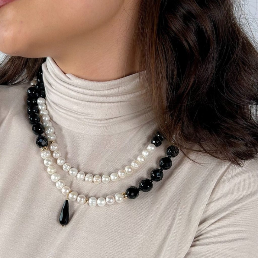 Colier argint cu pietre semipretioase si perle de cultura albe Holiday, 01X05-03719W, Oxette Romania