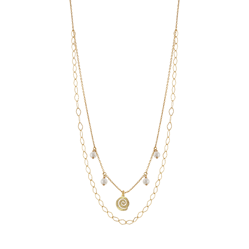 Colier dublu argint placat cu aur de 18K cu pandantiv spirala si perle Helix, 01X05-03889, Oxette Romania