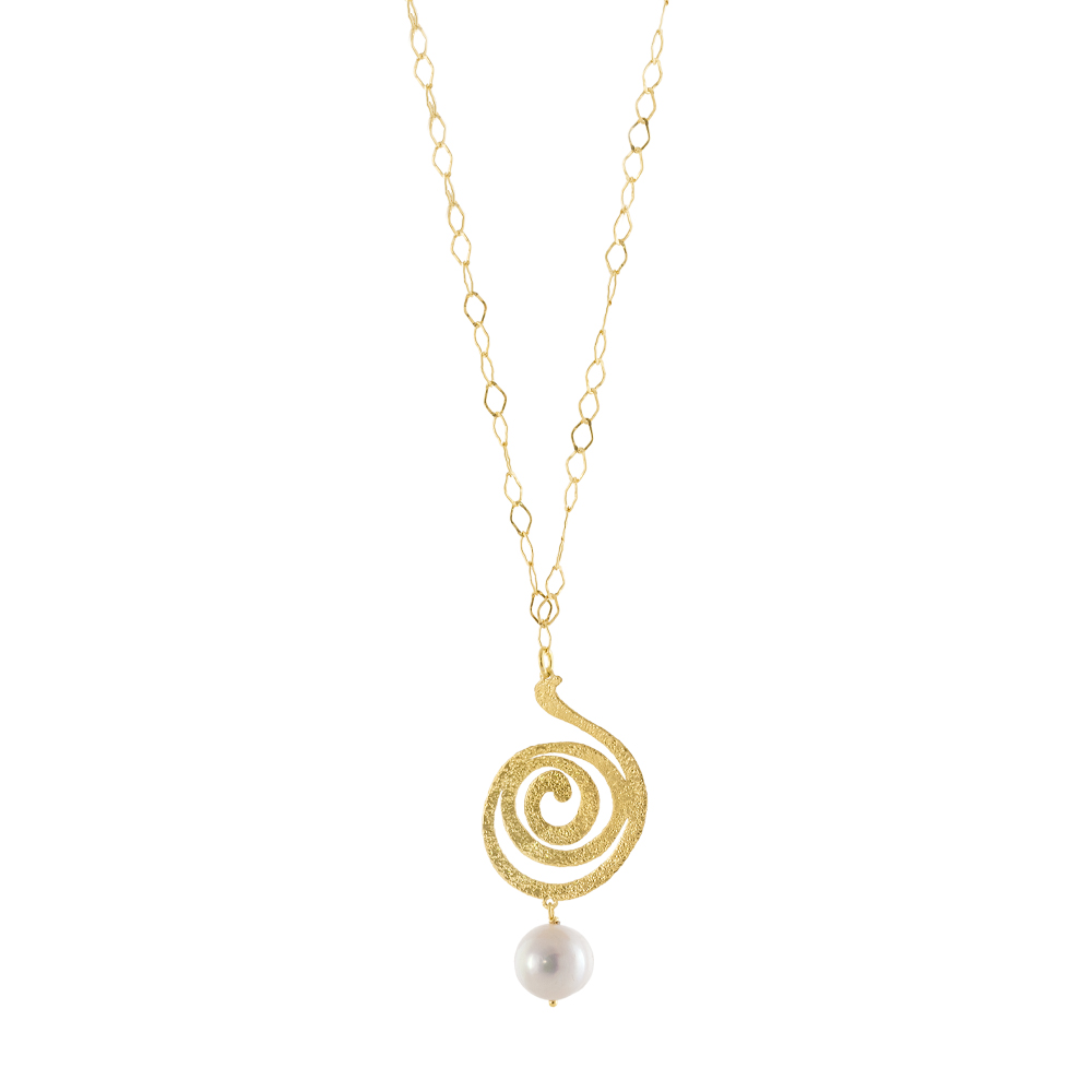 Colier argint placat cu aur de 18K cu pandantiv spirala si perla de cultura Helix, 01X05-03891, Oxette Romania