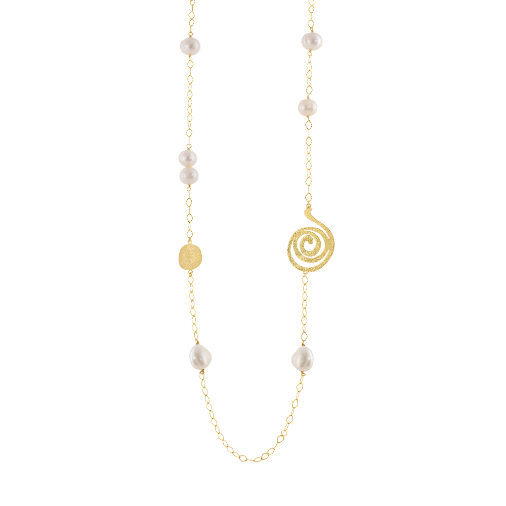 Colier lung argint placat cu aur de 18K cu pandantive spirale si perle Helix, 01X05-03892, Oxette Romania