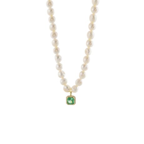 Colier scurt argint placat cu aur galben de 18K cu perle si cubic zirconia verde Kate, 01X05-03915NEW, Oxette Romania