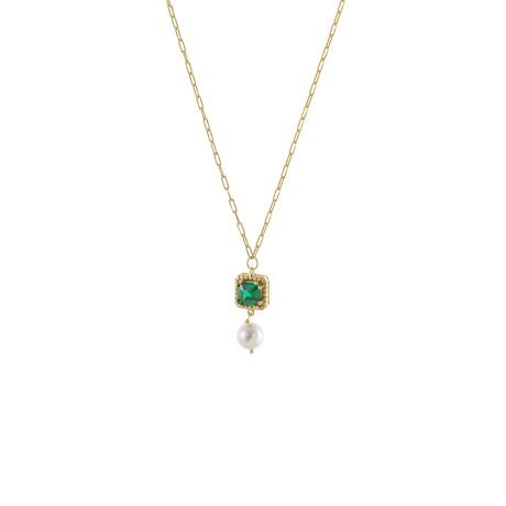 Colier scurt argint 925 placat cu aur galben de 18K cu perla si cubic zirconia verde Kate, 01X05-03917NEW, Oxette Romania