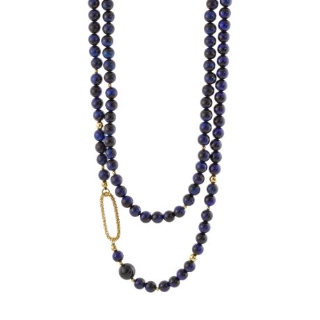 Colier dublu argint placat cu aur de 18K cu pietre ochi de tigru albastre Holiday, 01X05-04018, Oxette Romania