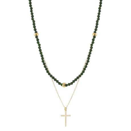 Colier dublu argint placat cu aur 18K cu agate verzi si pandantiv cruce Gifting Symbols, 01X05-04043, Oxette Romania