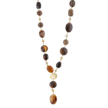 Colier lung argint placat cu aur de 18K cu agate maro Holiday, 01X05-04056, Oxette Romania