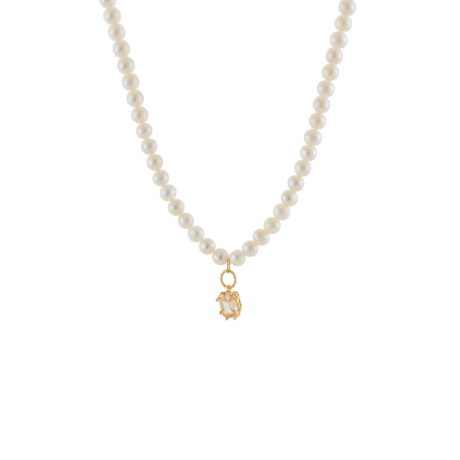 Colier argint placat cu aur de 18k scurt cu perle si zirconia sampanie Gifting, 01X05-04093, Oxette Romania