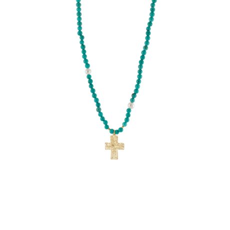 Colier argint placat cu aur galben de 18K cu turcoaz, perle si pandantiv cruce Symbols, 01X05-04104B, Oxette Romania