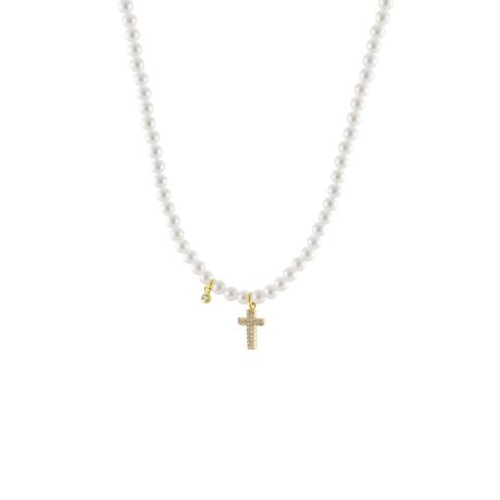 Colier argint placat cu aur galben de 18K cu perle si pandantiv cruce Symbols, 01X05-04108, Oxette Romania