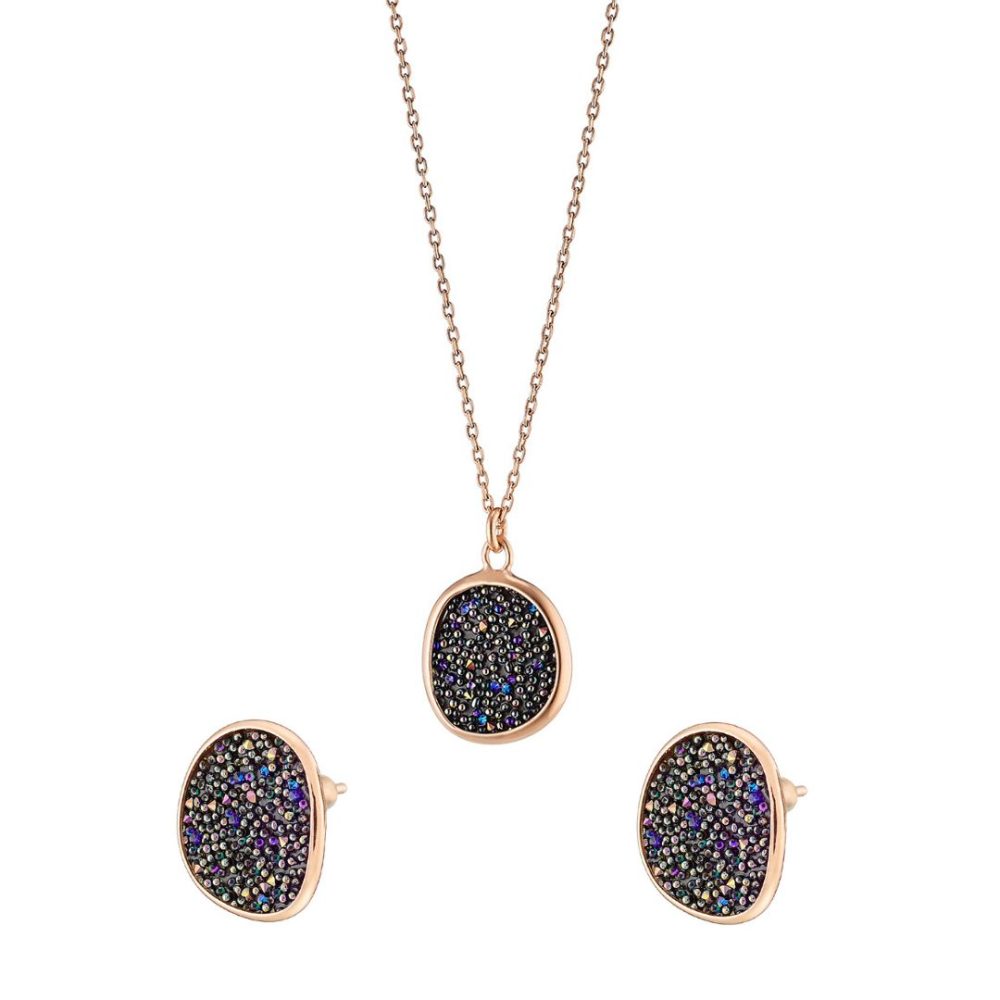 Set colier si cercei din argint placat cu aur roz de 18 K cu cristale caviar Red Carpet, 01X05-32352846, Oxette Romania