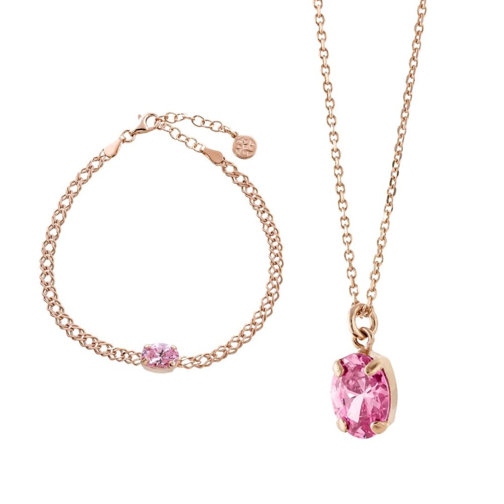 Set colier si bratara din argint placat cu aur roz de 18 K si cubic zirconia roz Basic, 01X05-32512193, Oxette Romania