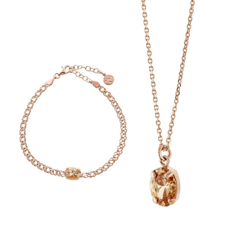 Set colier si bratara din argint placat cu aur roz de 18 K si cubic zirconia sampanie Basic, 01X05-32522194, Oxette Romania