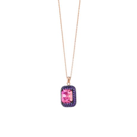 Colier cu pandantiv placat cu aur roz de 18 K si ruteniu si cristale zirconia roz si mov Kate, 01X15-00410, Oxette Romania