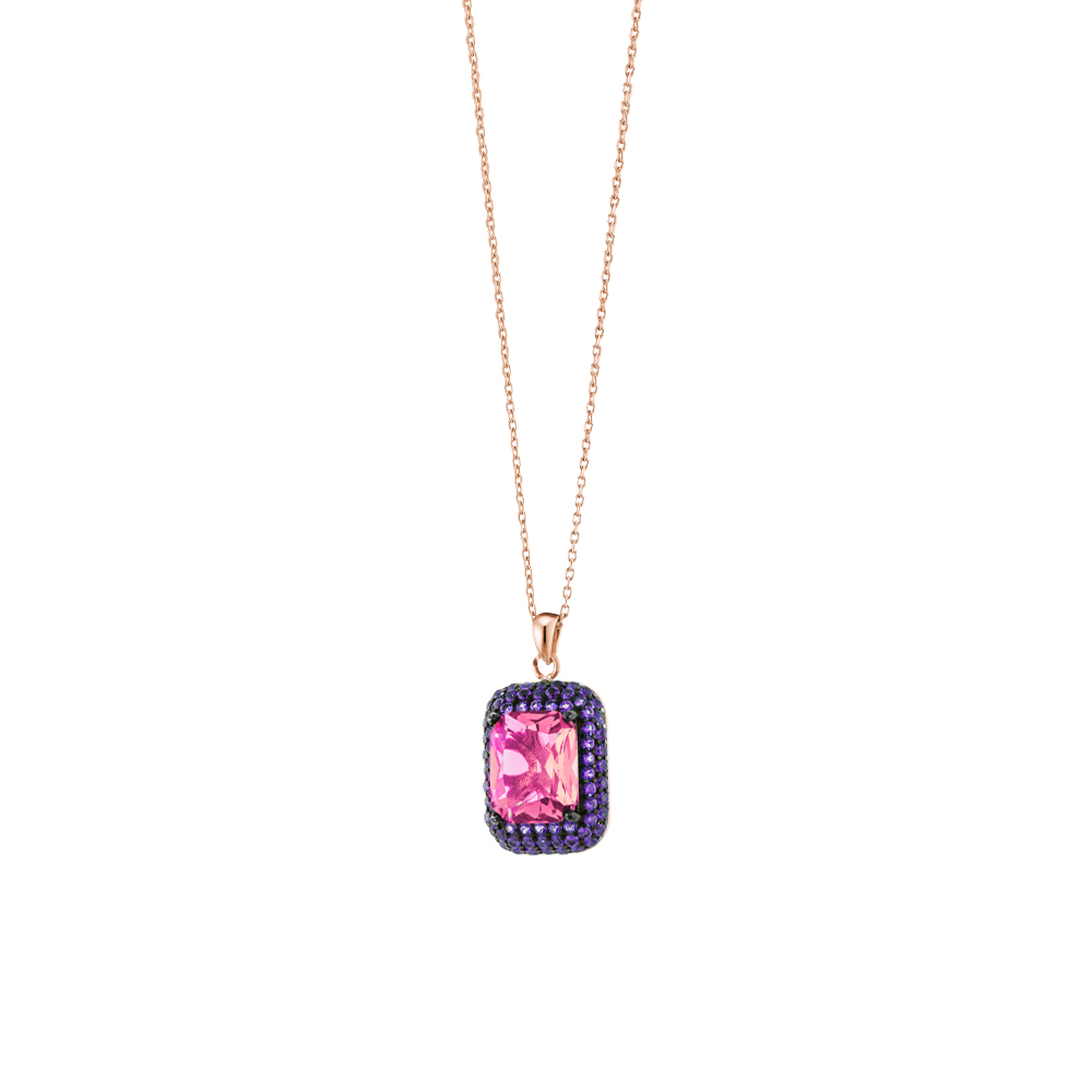 Colier cu pandantiv placat cu aur roz de 18 K si ruteniu si cristale zirconia roz si mov Kate, 01X15-00410, Oxette Romania