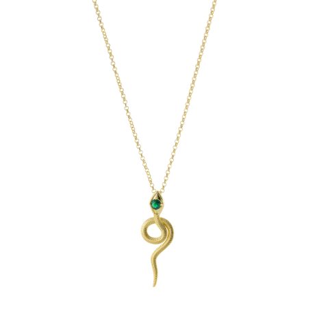 Colier cu pandantiv placat cu aur galben18 k si pandantiv sarpe cu zirconia verde Natrix, 01X15-00557, Oxette Romania