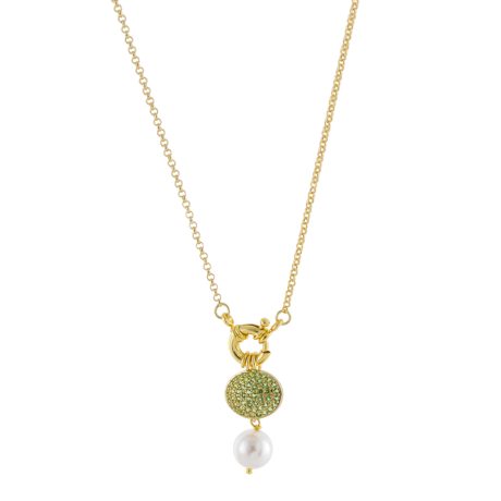 Colier mediu placat cu aur 18 k decorat cu pandantiv rotund cu zirconia verzi si perla sintetica Palm Beach, 01X15-00576, Oxette Romania