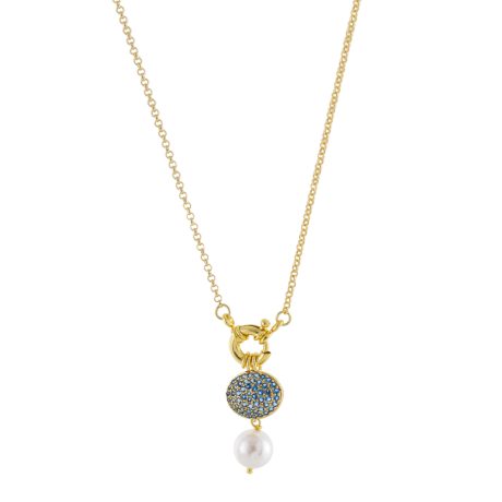 Colier mediu placat cu aur 18 k decorat cu pandantiv rotund cu zirconia albastre si perla sintetica Palm Beach, 01X15-00578, Oxette Romania